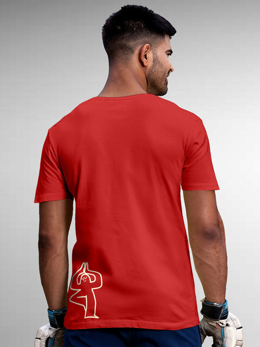 Fighterhero T-shirts: Model wearing Men's Red Round Neck T-shirt with 'Balance Is A Decision' design