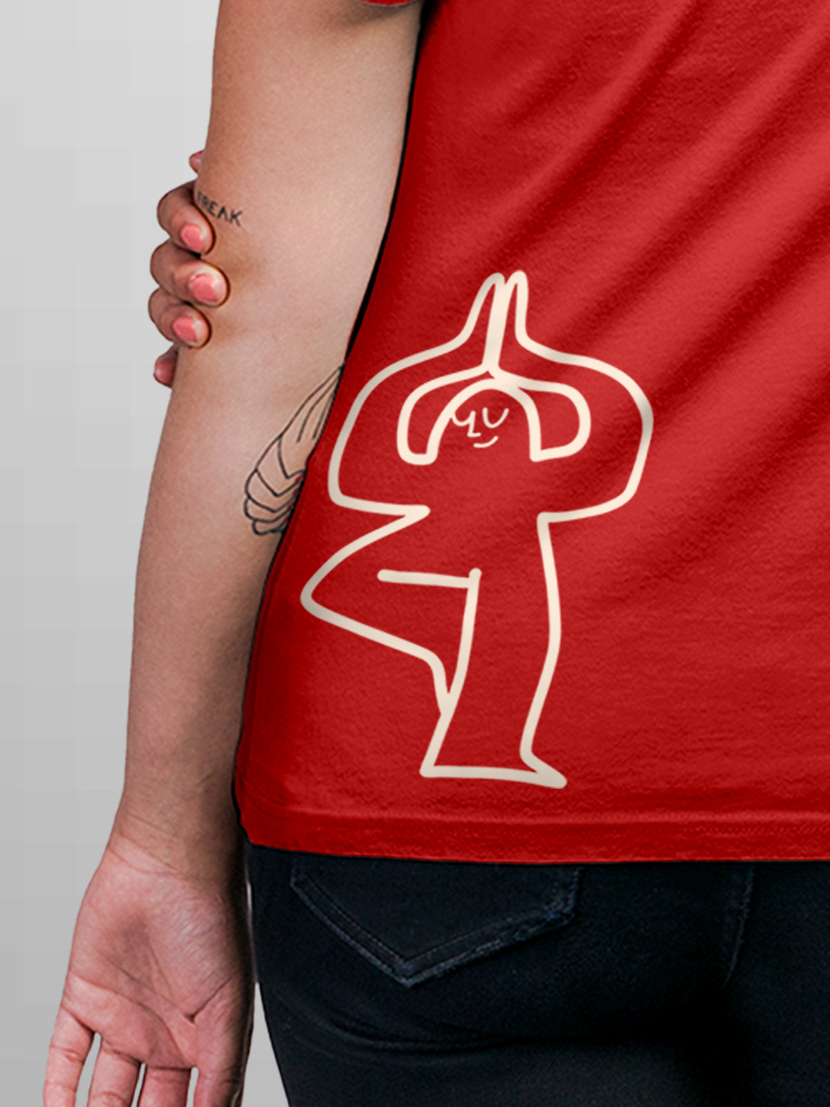 Close up of 'Balance Is A Decision' design on Women's Red Round Neck T-shirt, highlighting intricate details and vibrant print.