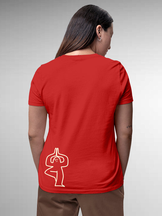 Fighterhero T-shirts: Model wearing Women's Red Round Neck T-shirt with 'Balance Is A Decision' design