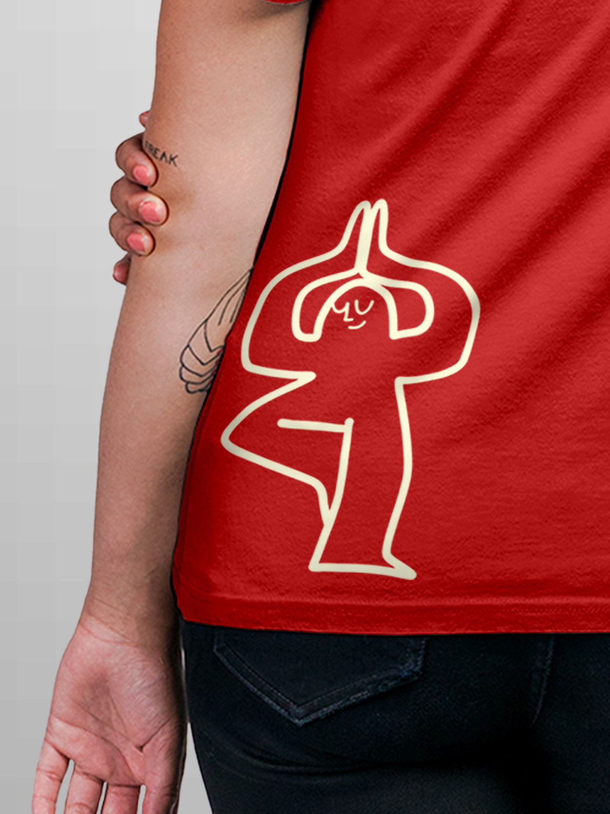 Close up of 'Balance Is A Decision' design on Women's Red Round Neck T-shirt, highlighting intricate details and vibrant print.