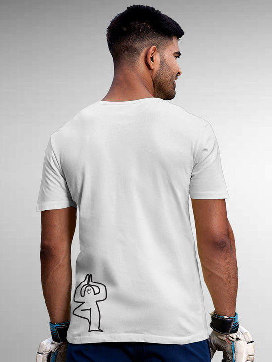 Fighterhero T-shirts: Model wearing Men's White Round Neck T-shirt with 'Balance Is A Decision' design
