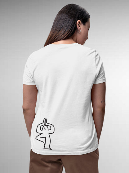 Model wearing Women's White Round Neck T-shirt with 'Balance Is A Decision' design, offering effortless style and premium comfort