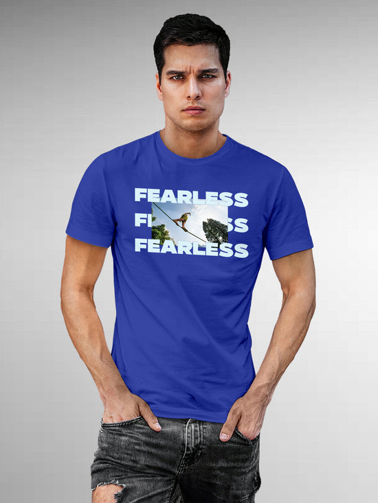 Fighterhero T-shirts: Model wearing Men's Blue Round Neck T-shirt with 'Fearless' design