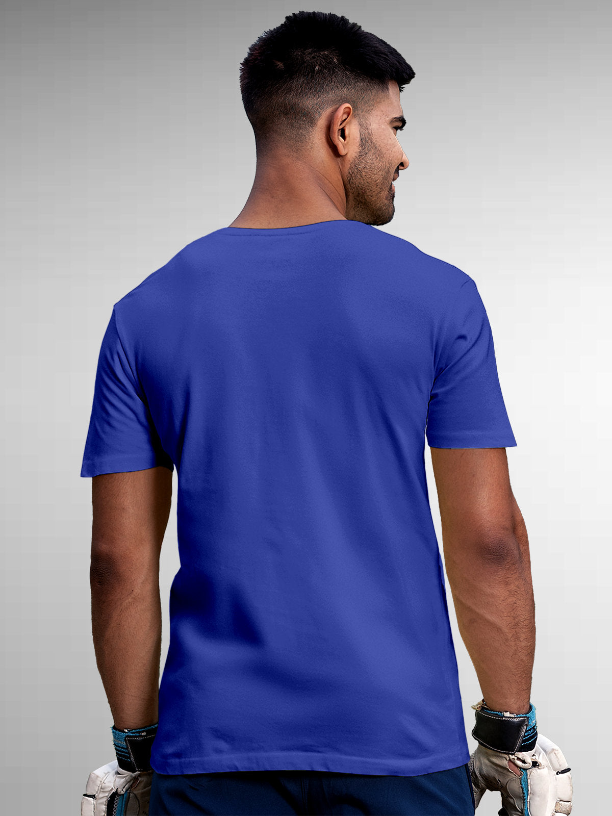 Back view of Fighterhero Men's Blue Round Neck T-shirt, highlighting the modern look and clean finish