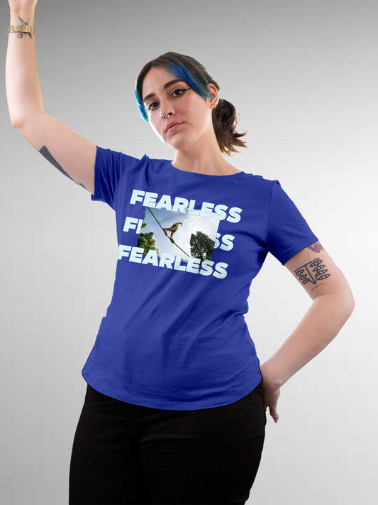Model wearing Women's Blue Round Neck T-shirt with 'Fearless' design, offering effortless style and premium comfort