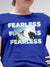 Close up of 'Fearless' design on Women's Blue Round Neck T-shirt, highlighting intricate details and vibrant print.