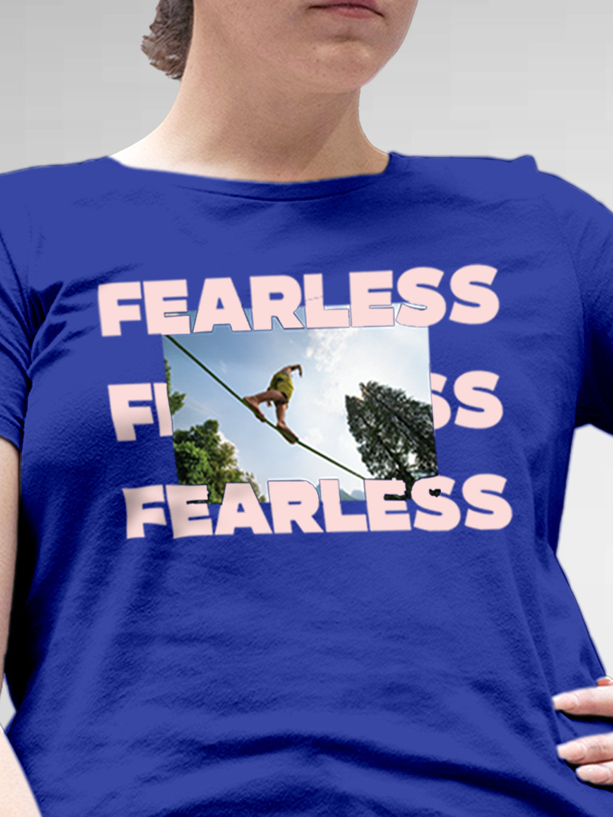 Close up of 'Fearless' design on Women's Blue Round Neck T-shirt, highlighting intricate details and vibrant print.