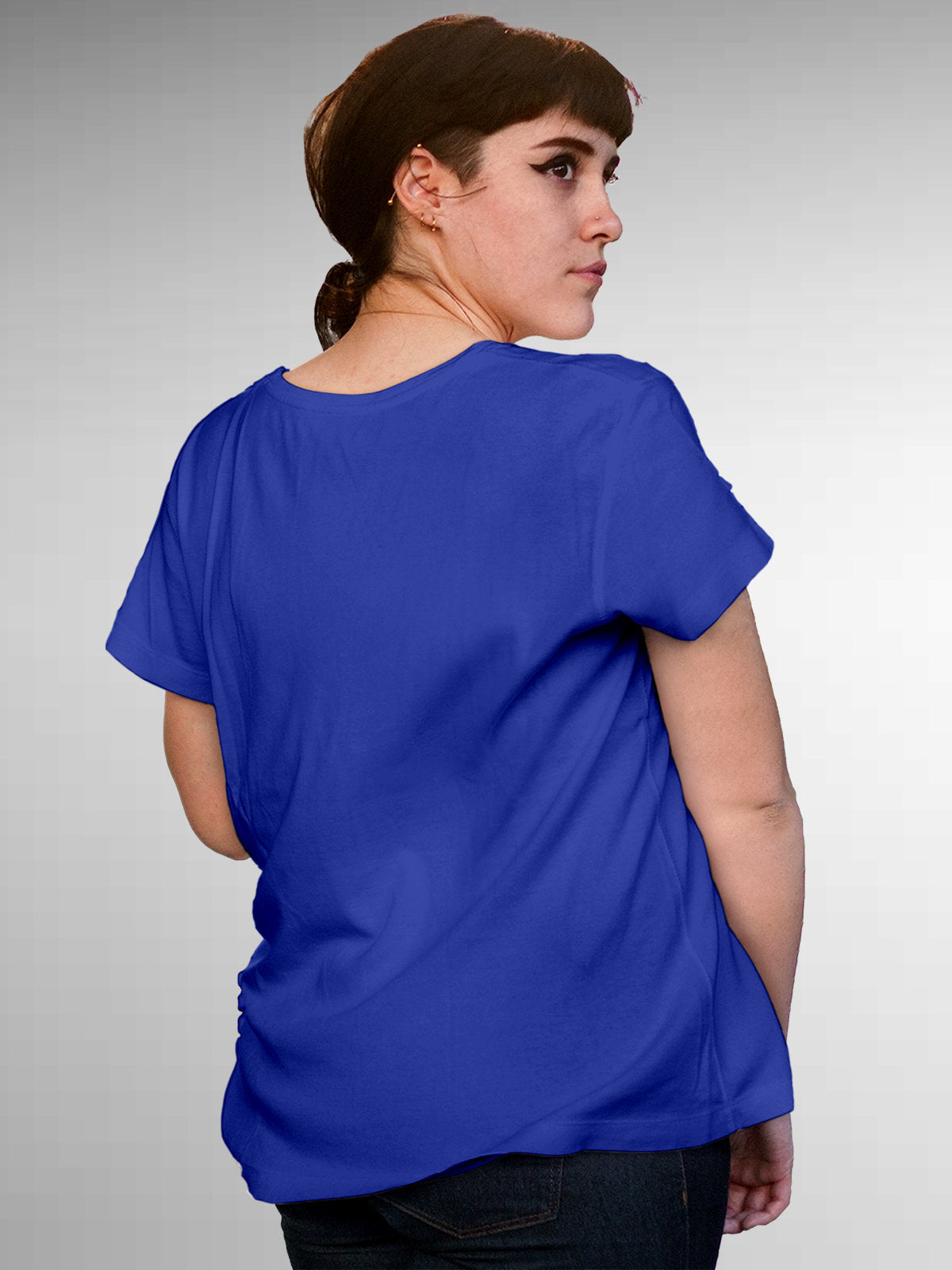 Back view of Fighterhero Women's Blue Round Neck T-shirt, highlighting the modern look and clean finish