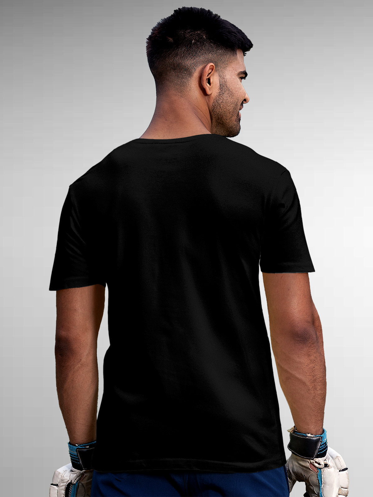 Back view of Fighterhero Men's Black Round Neck T-shirt, highlighting the modern look and clean finish