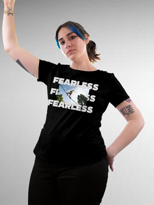 Fighterhero T-shirts: Model wearing Women's Black Round Neck T-shirt with 'Fearless' design
