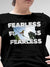 Close up of 'Fearless' design on Women's Black Round Neck T-shirt, highlighting intricate details and vibrant print.