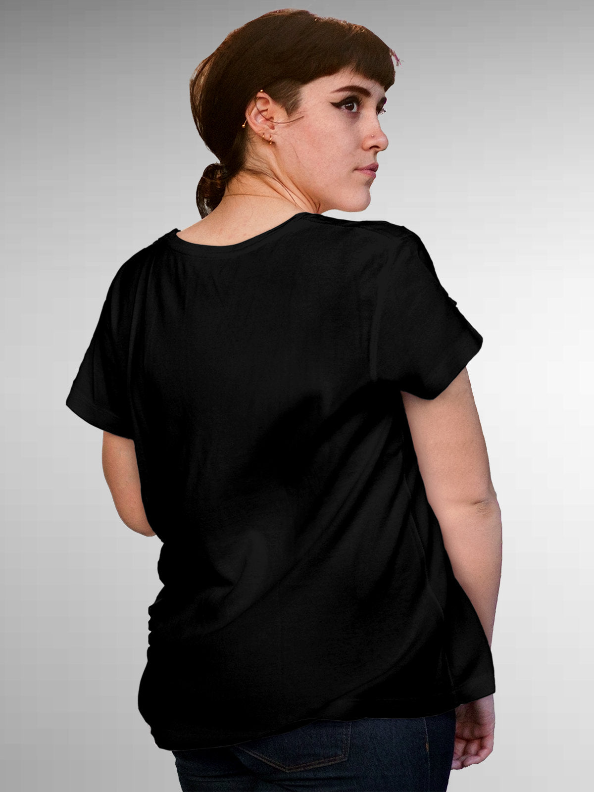 Back view of Fighterhero Women's Black Round Neck T-shirt, highlighting the modern look and clean finish