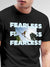 Close up of 'Fearless' design on Men's Dark Grey Round Neck T-shirt, highlighting intricate details and vibrant print.