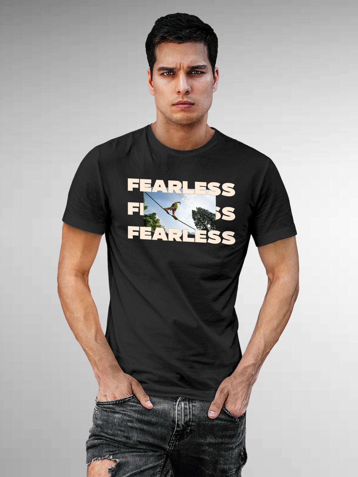 Fighterhero T-shirts: Model wearing Men's Dark Grey Round Neck T-shirt with 'Fearless' design
