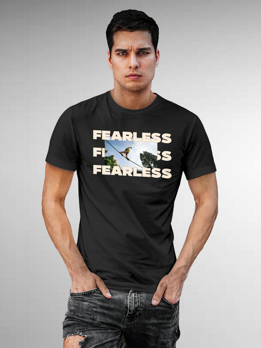 Fighterhero T-shirts: Model wearing Men's Dark Grey Round Neck T-shirt with 'Fearless' design