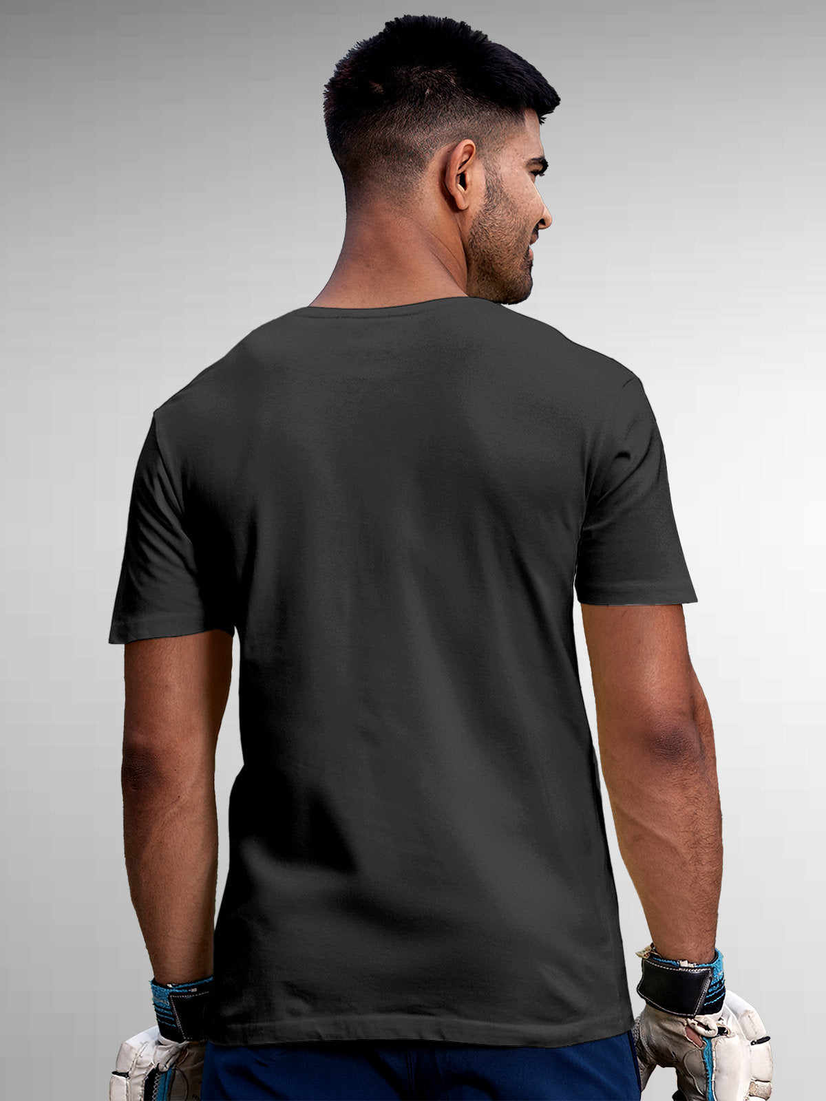 Back view of Fighterhero Men's Dark Grey Round Neck T-shirt, highlighting the modern look and clean finish