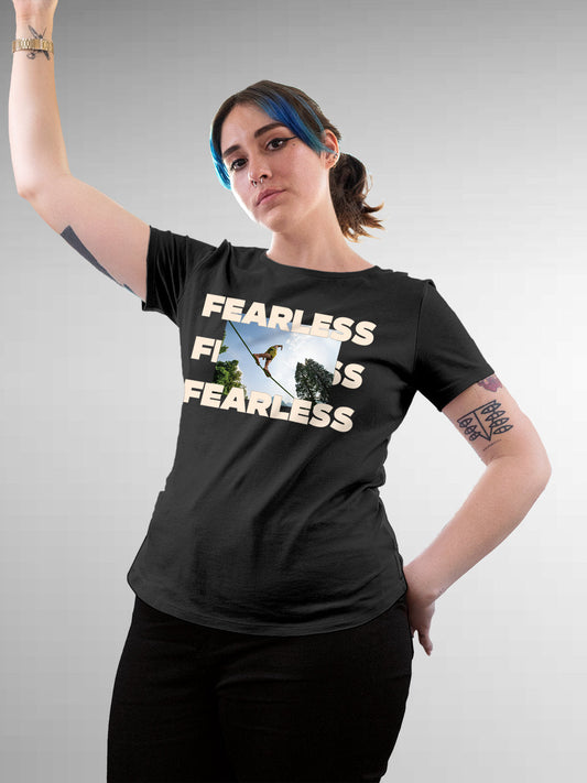 Fighterhero T-shirts: Model wearing Women's Dark Grey Round Neck T-shirt with 'Fearless' design