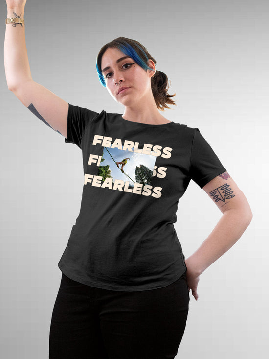Fighterhero T-shirts: Model wearing Women's Dark Grey Round Neck T-shirt with 'Fearless' design