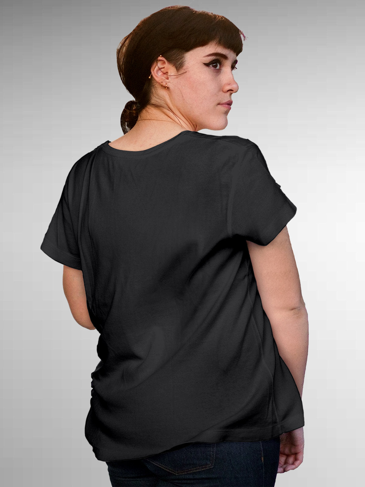 Back view of Fighterhero Women's Dark Grey Round Neck T-shirt, highlighting the modern look and clean finish