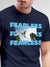 Close up of 'Fearless' design on Men's Navy Blue Round Neck T-shirt, highlighting intricate details and vibrant print.