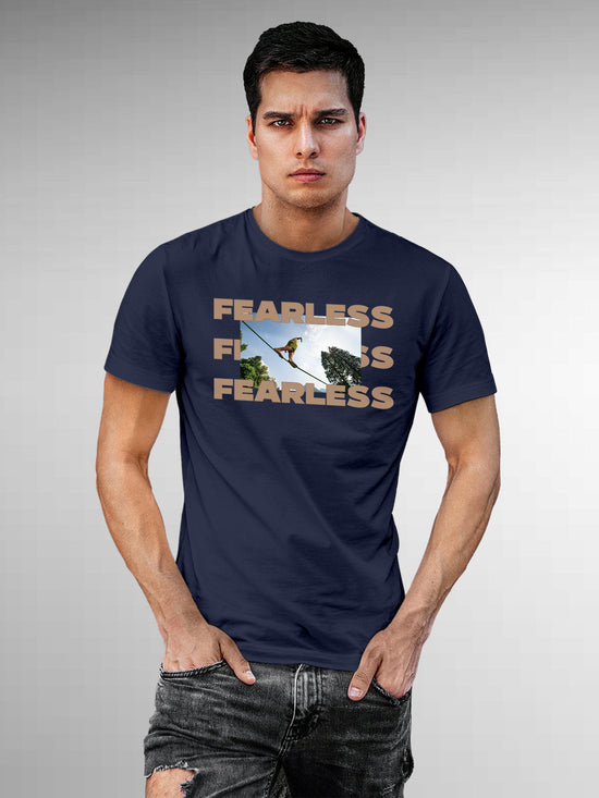 Fighterhero T-shirts: Model wearing Men's Navy Blue Round Neck T-shirt with 'Fearless' design