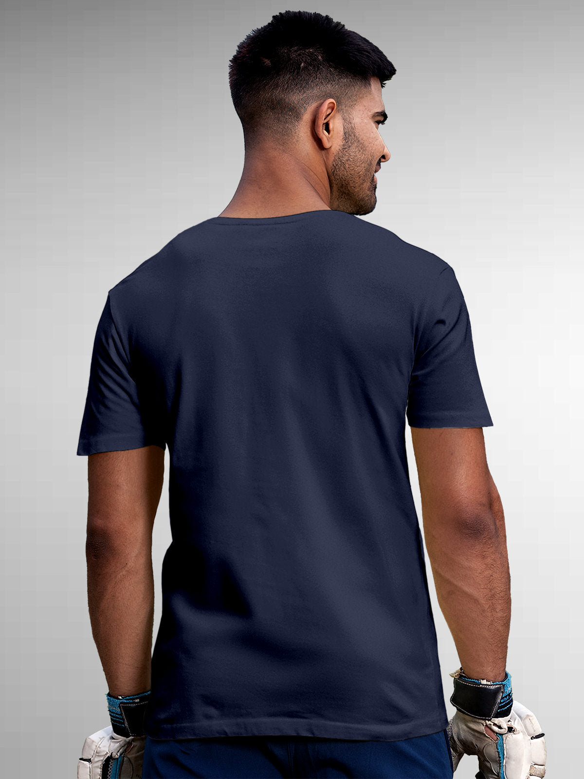 Back view of Fighterhero Men's Navy Blue Round Neck T-shirt, highlighting the modern look and clean finish