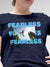 Close up of 'Fearless' design on Women's Navy Blue Round Neck T-shirt, highlighting intricate details and vibrant print.