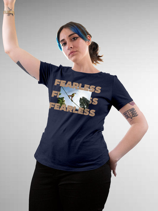 Fighterhero T-shirts: Model wearing Women's Navy Blue Round Neck T-shirt with 'Fearless' design