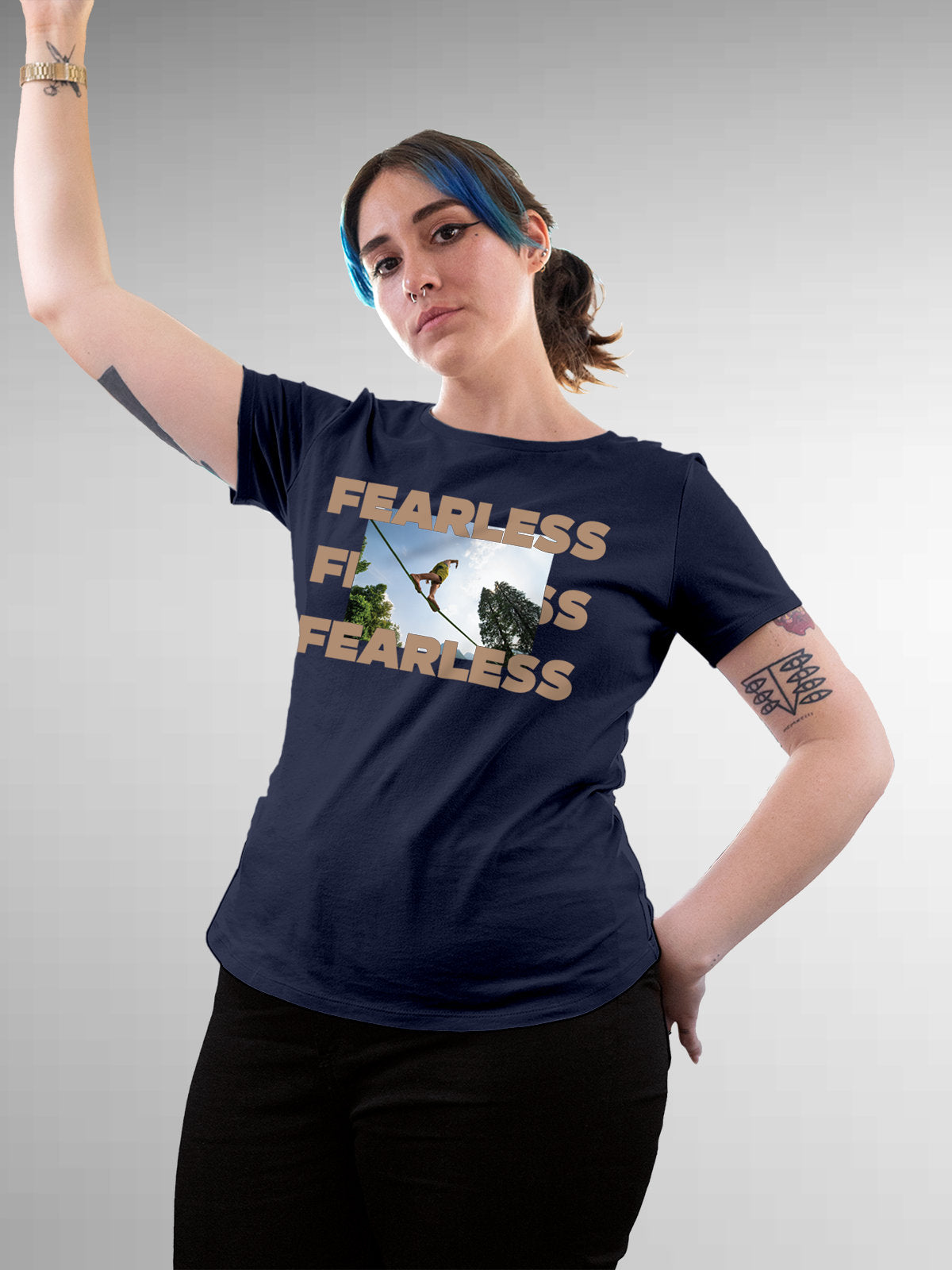 Model wearing Women's Navy Blue Round Neck T-shirt with 'Fearless' design, offering effortless style and premium comfort