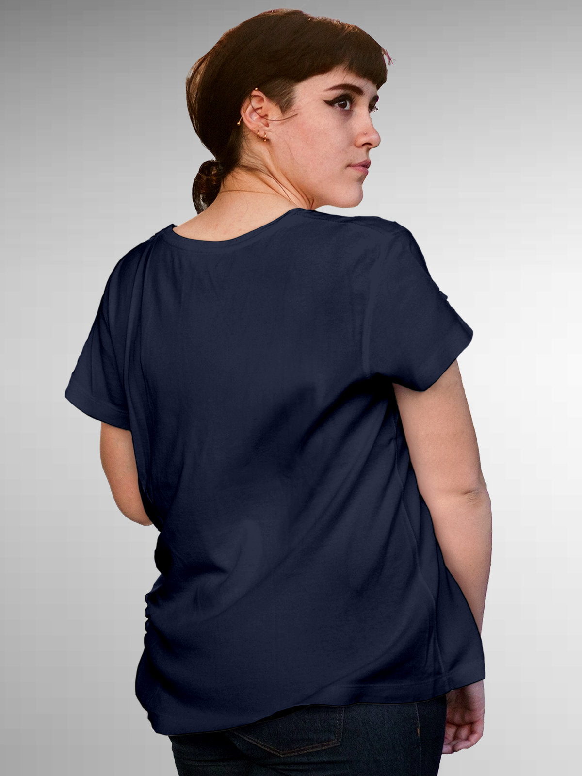Back view of Fighterhero Women's Navy Blue Round Neck T-shirt, highlighting the modern look and clean finish