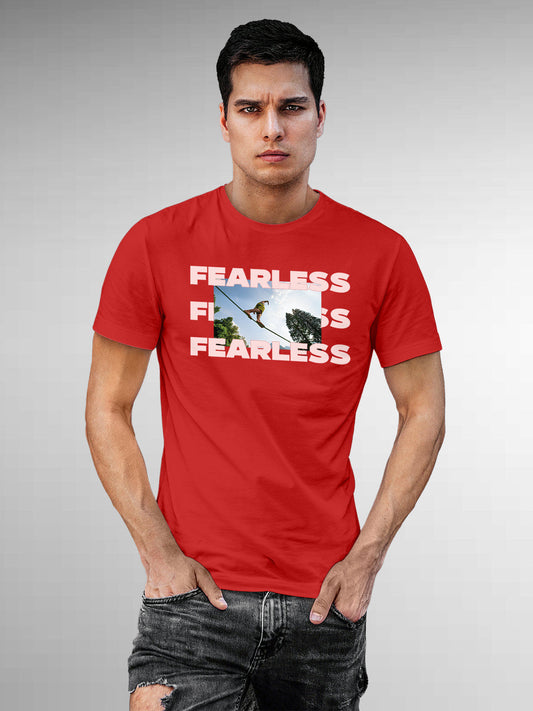 Model wearing Men's Red Round Neck T-shirt with 'Fearless' design, offering effortless style and premium comfort