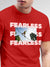 Close up of 'Fearless' design on Men's Red Round Neck T-shirt, highlighting intricate details and vibrant print.