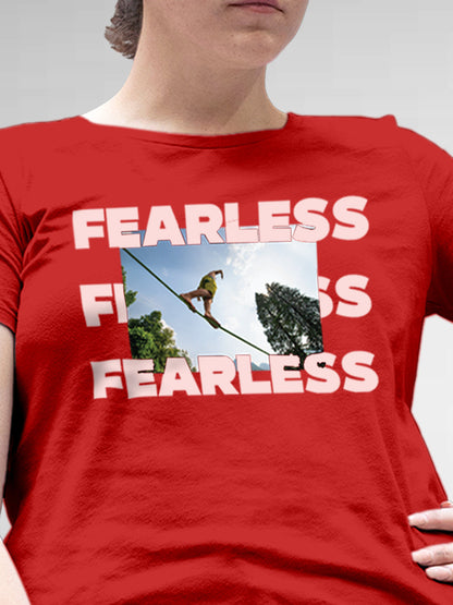 Close up of 'Fearless' design on Women's Red Round Neck T-shirt, highlighting intricate details and vibrant print.