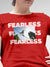 Close up of 'Fearless' design on Women's Red Round Neck T-shirt, highlighting intricate details and vibrant print.