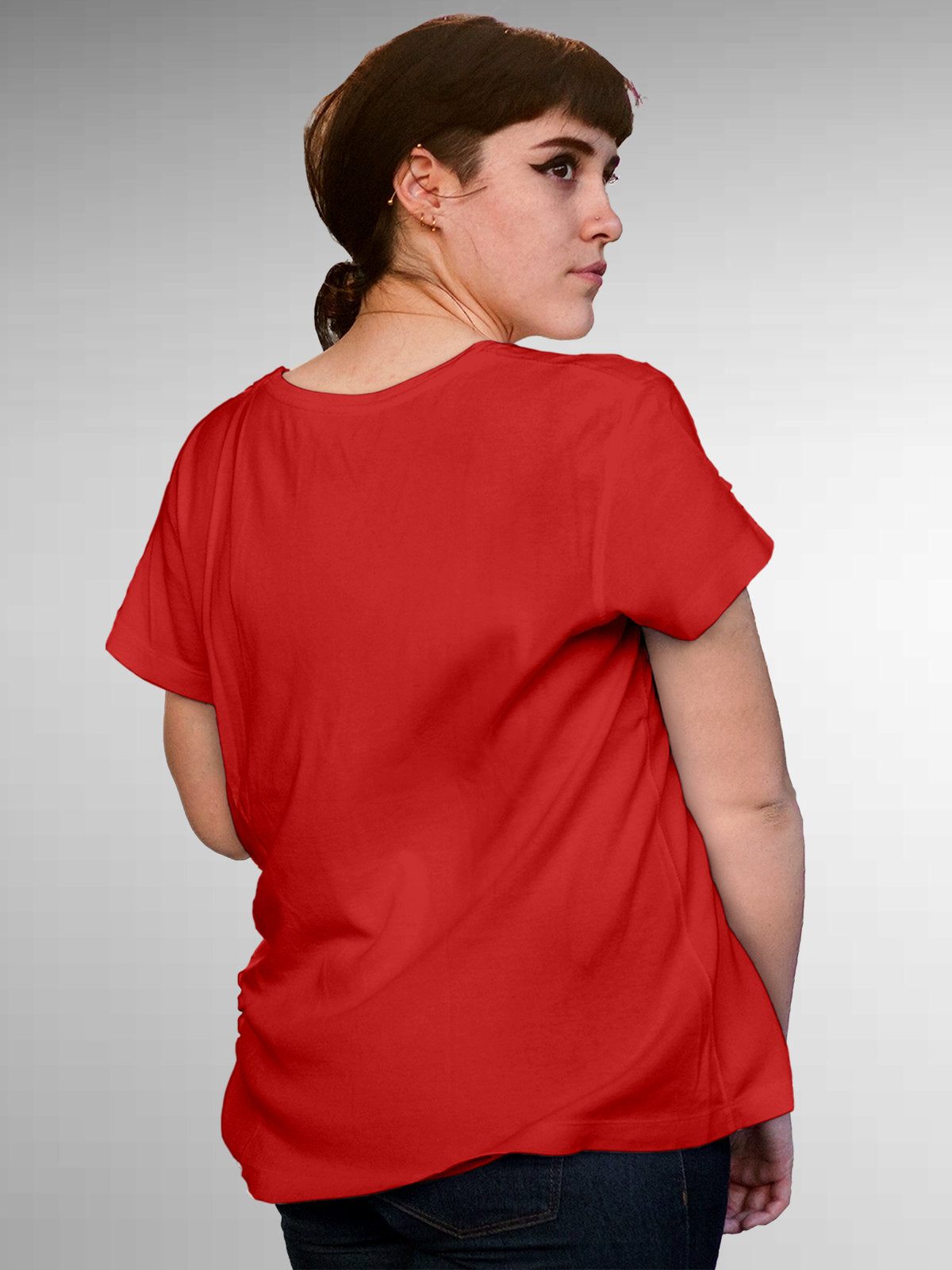 Back view of Fighterhero Women's Red Round Neck T-shirt, highlighting the modern look and clean finish