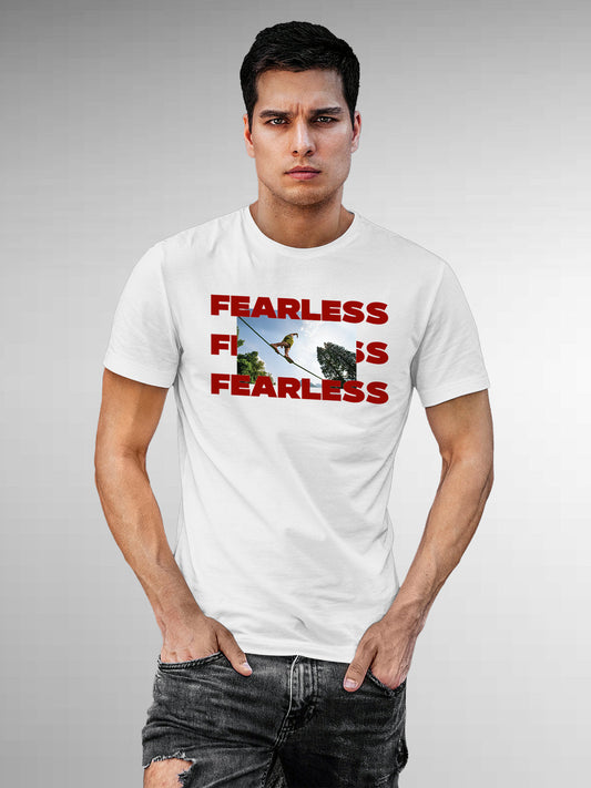Fighterhero T-shirts: Model wearing Men's White Round Neck T-shirt with 'Fearless' design