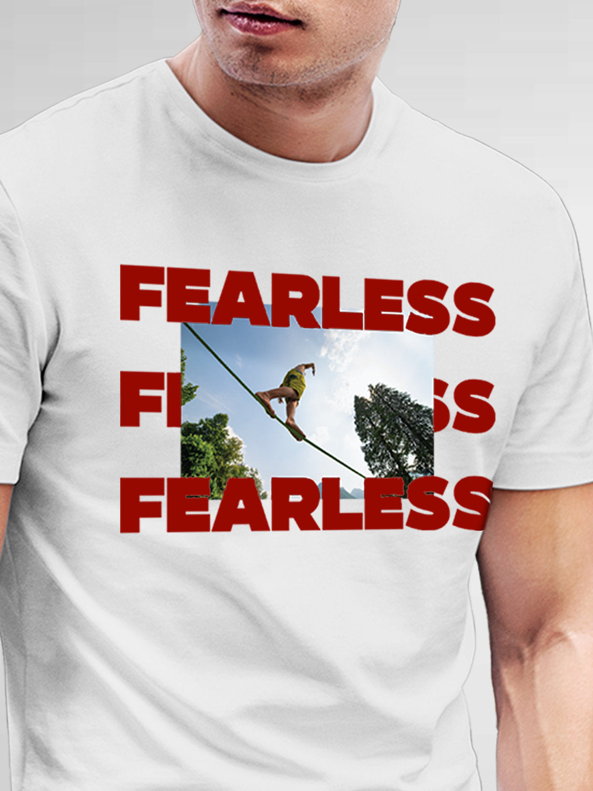 Close up of 'Fearless' design on Men's White Round Neck T-shirt, highlighting intricate details and vibrant print.