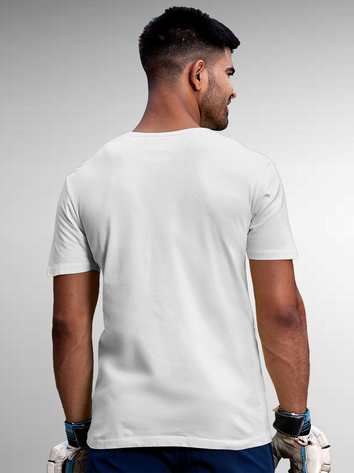 Back view of Fighterhero Men's White Round Neck T-shirt, highlighting the modern look and clean finish