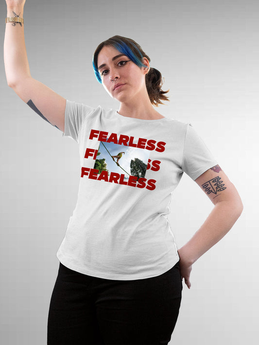 Fighterhero T-shirts: Model wearing Women's White Round Neck T-shirt with 'Fearless' design