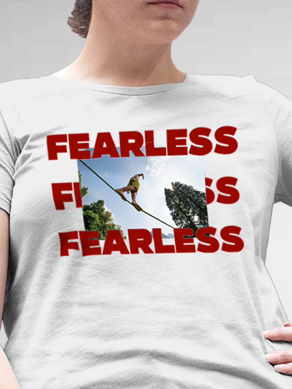 Close up of 'Fearless' design on Women's White Round Neck T-shirt, highlighting intricate details and vibrant print.