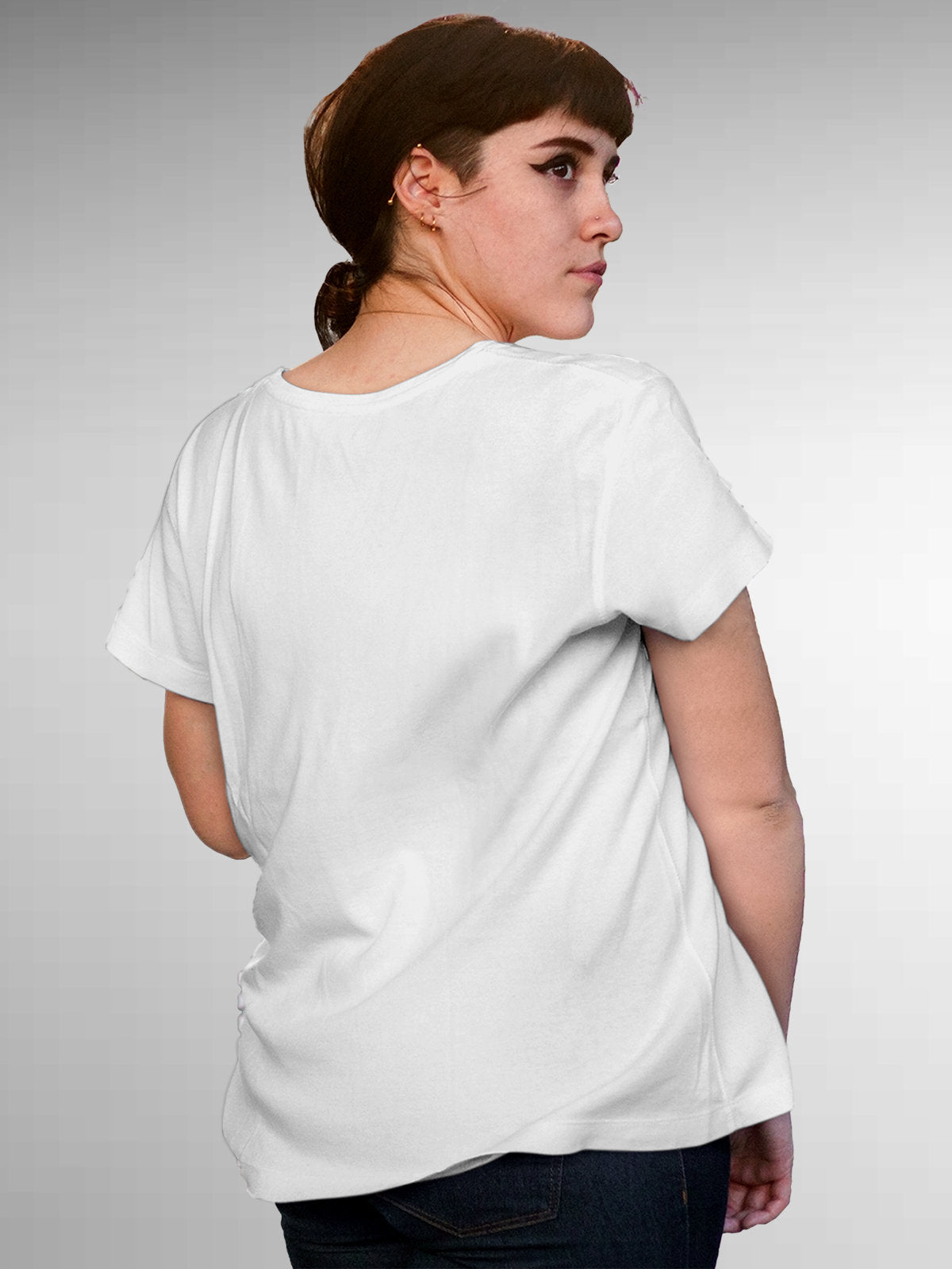 Back view of Fighterhero Women's White Round Neck T-shirt, highlighting the modern look and clean finish