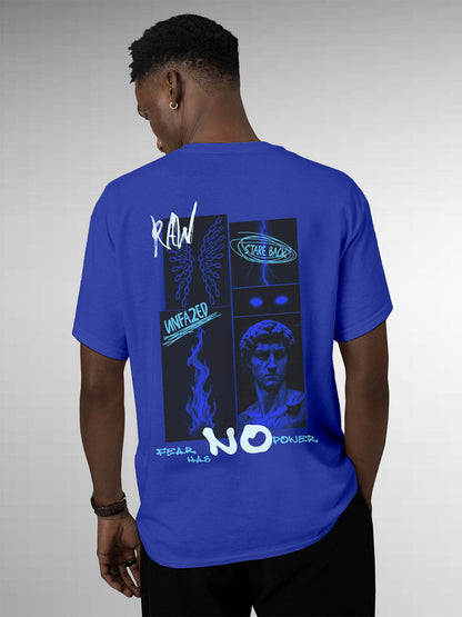 Model wearing Men's Blue Round Neck T-shirt with 'Face The Fear' design, offering effortless style and premium comfort