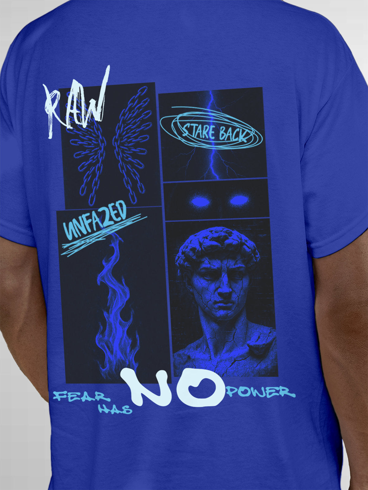 Close up of 'Face The Fear' design on Men's Blue Round Neck T-shirt, highlighting intricate details and vibrant print.