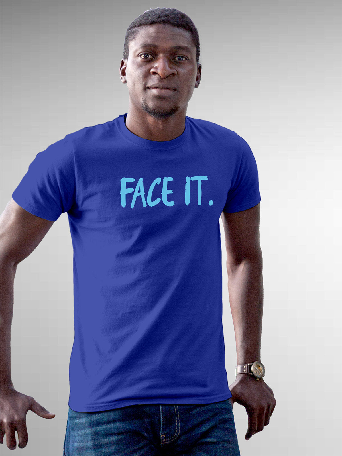 Front view of Fighterhero Men's Blue Round Neck T-shirt, highlighting the motivational design printed on the chest.