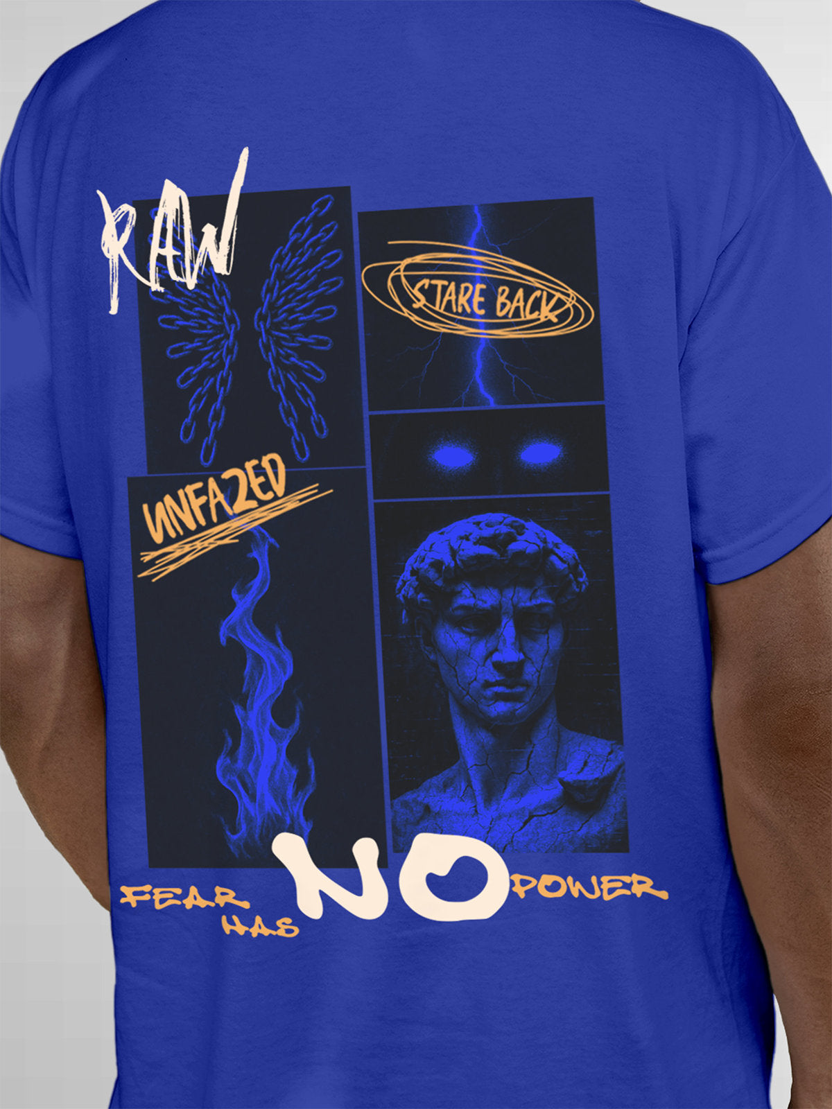 Close up of 'Face The Fear' design on Men's Blue Round Neck T-shirt, highlighting intricate details and vibrant print.