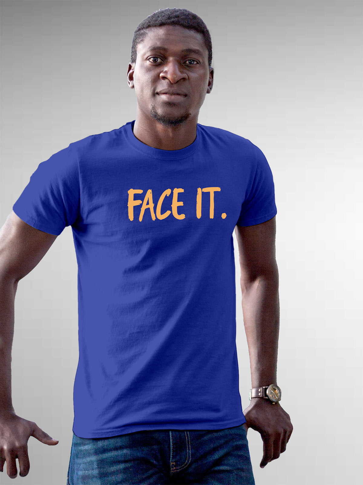 Front view of Fighterhero Men's Blue Round Neck T-shirt, highlighting the motivational design printed on the chest.