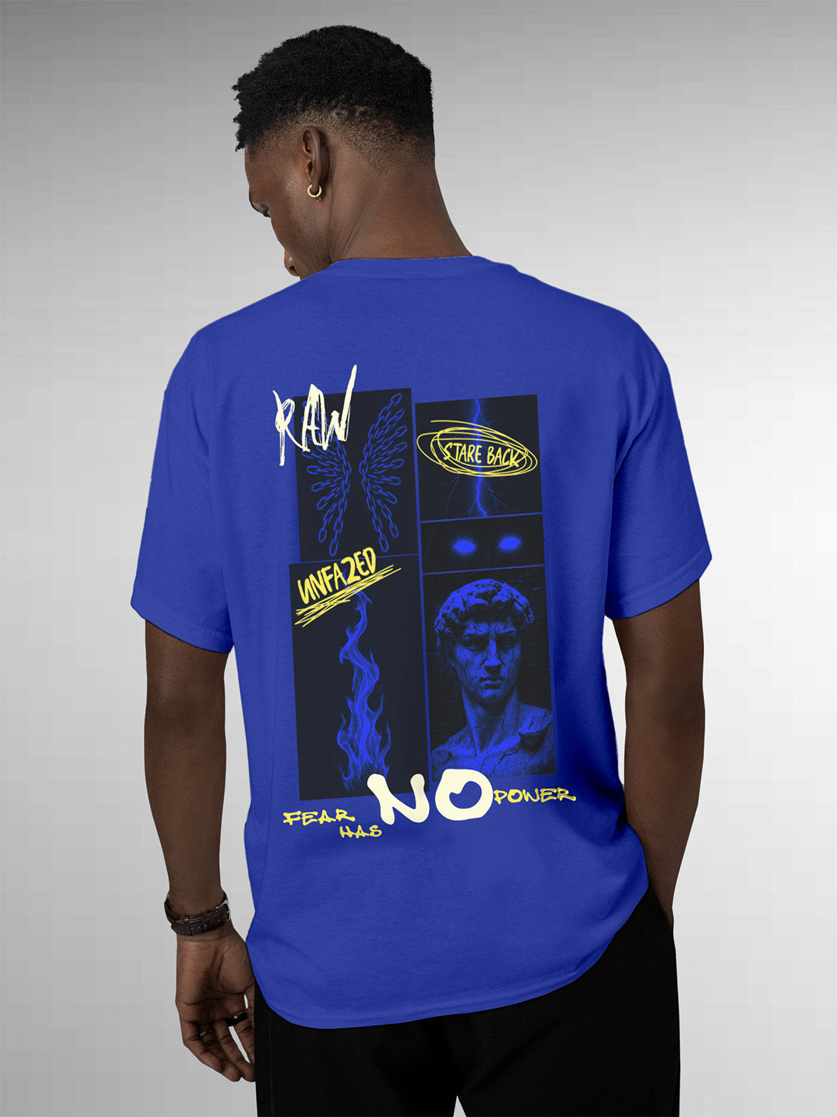Fighterhero T-shirts: Model wearing Men's Blue Round Neck T-shirt with 'Face The Fear' design
