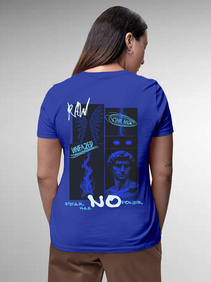 Model wearing Women's Blue Round Neck T-shirt with 'Face The Fear' design, offering effortless style and premium comfort