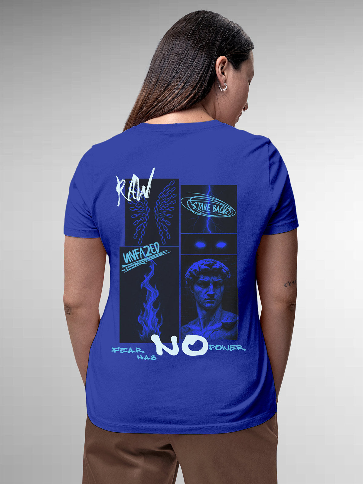 Model wearing Women's Blue Round Neck T-shirt with 'Face The Fear' design, offering effortless style and premium comfort