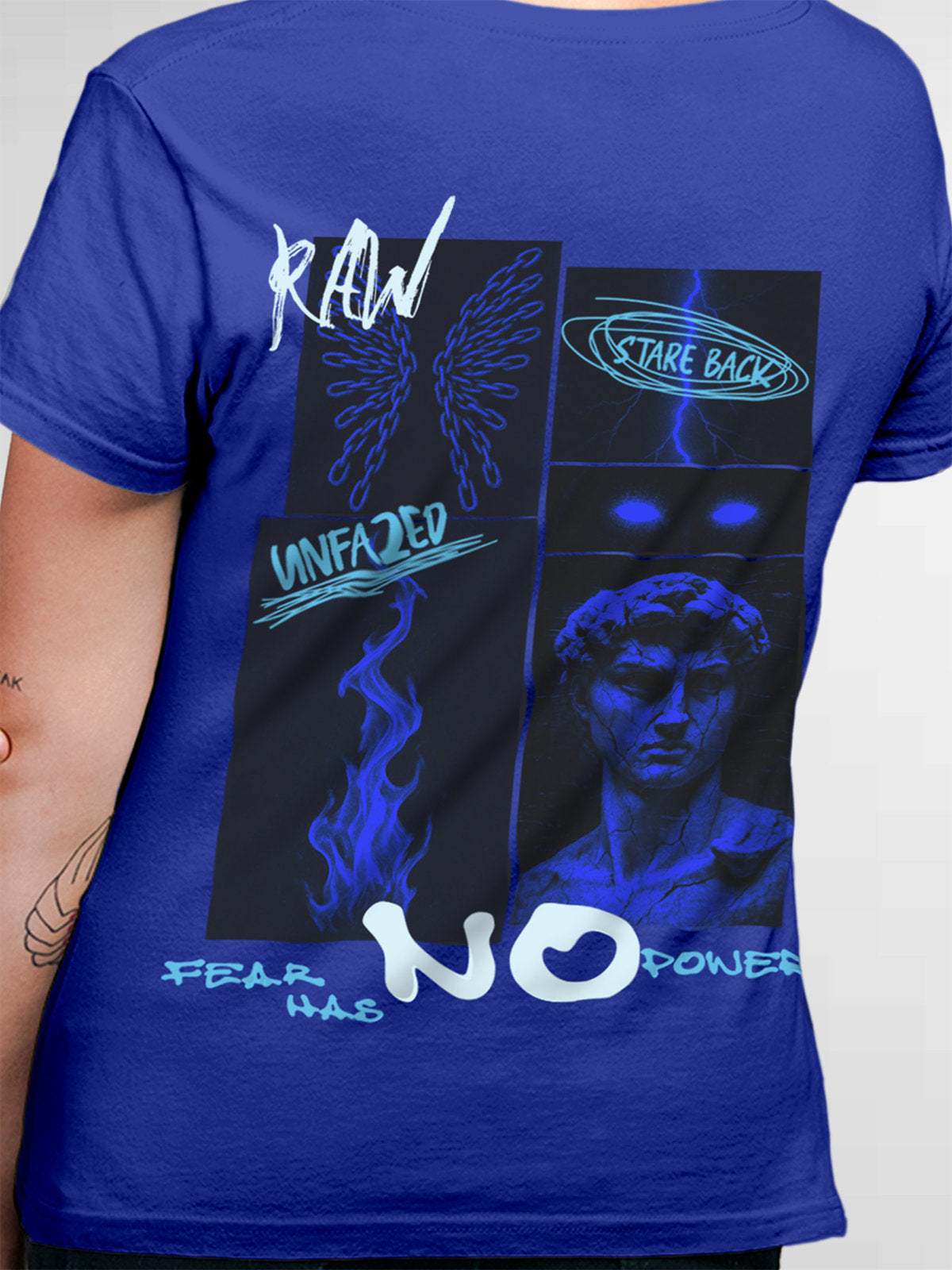 Close up of 'Face The Fear' design on Women's Blue Round Neck T-shirt, highlighting intricate details and vibrant print.